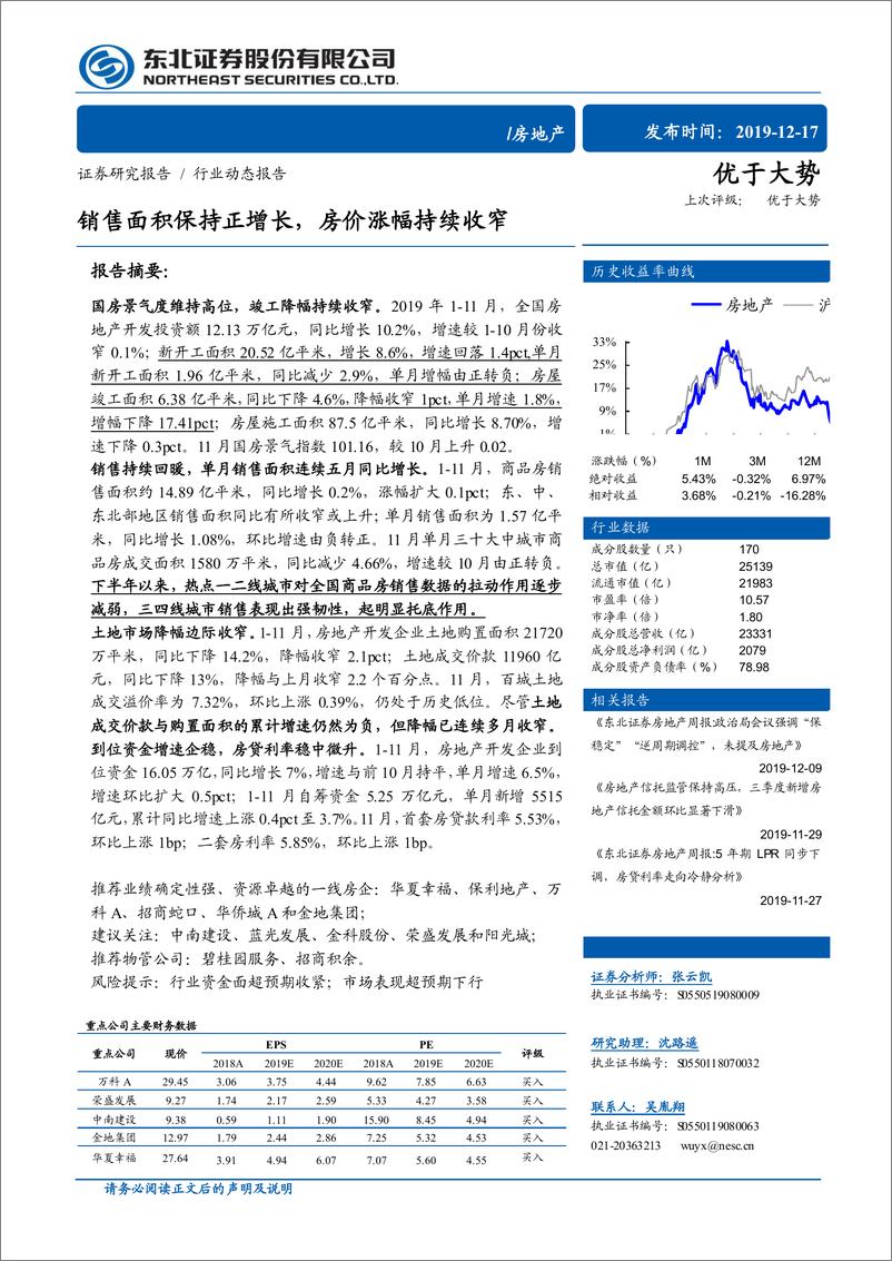 《房地产行业：销售面积保持正增长，房价涨幅持续收窄-20191217-东北证券-14页》 - 第1页预览图