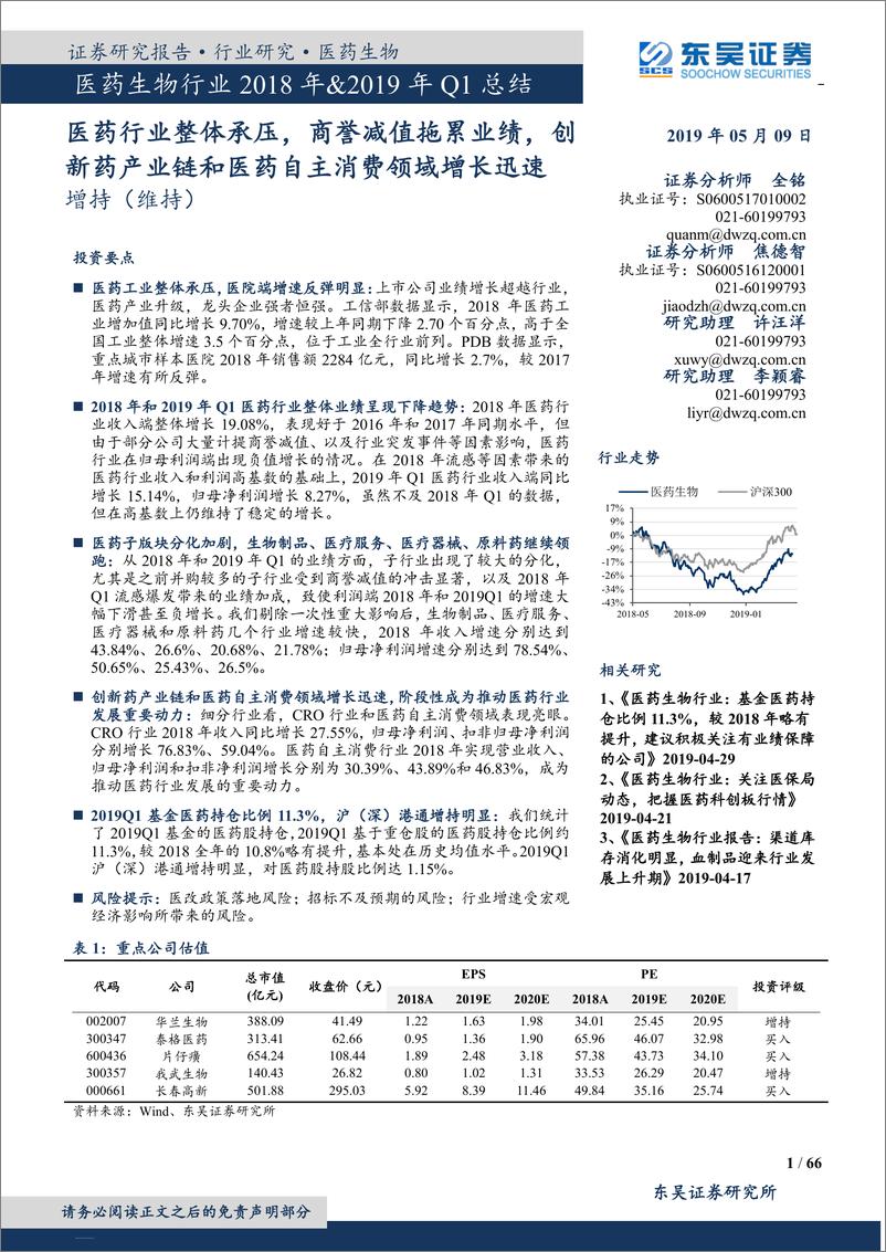 《医药生物行业2018年&2019年Q1总结：医药行业整体承压，商誉减值拖累业绩，创新药产业链和医药自主消费领域增长迅速-20190509-东吴证券-66页》 - 第1页预览图