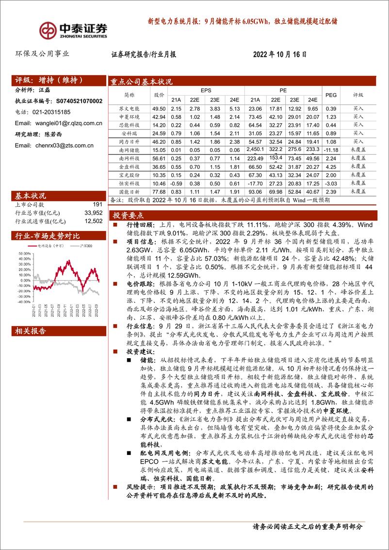 《环保及公用事业行业新型电力系统月报：9月储能开标6.05GWh，独立储能规模超过配储-20221016-中泰证券-16页》 - 第1页预览图