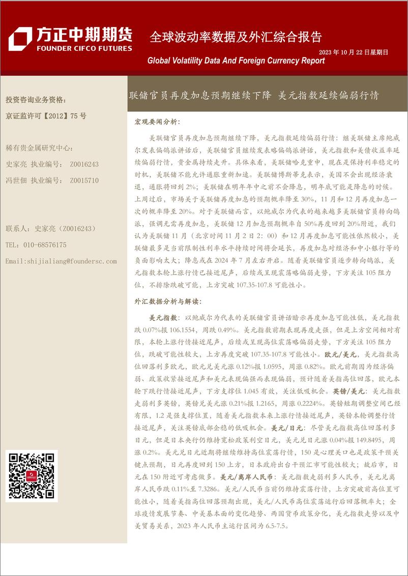 《全球波动率数据及外汇综合报告-20231022-方正中期期货-18页》 - 第1页预览图