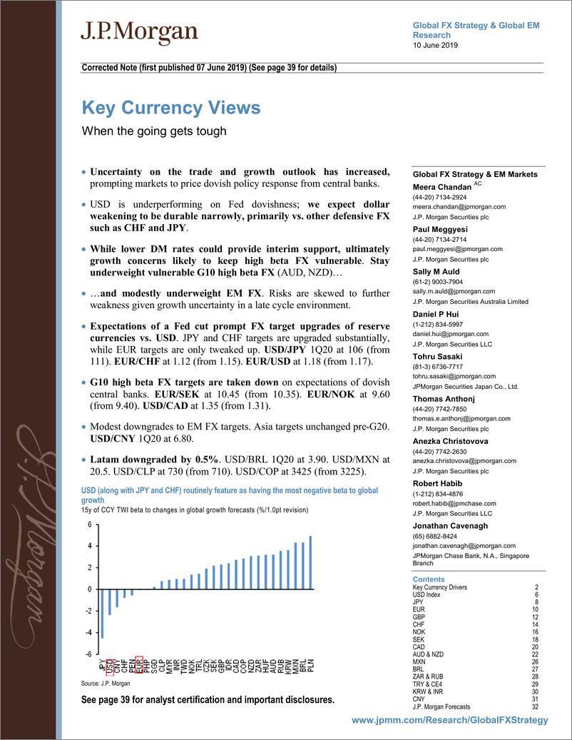 《J.P. 摩根-全球-外汇策略-核心货币观点：当事情变得艰难-2019.6.10-44页》 - 第1页预览图