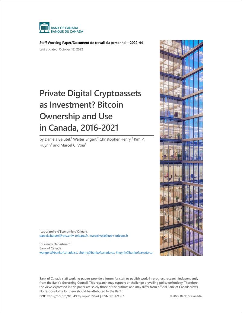《私人数字加密资产作为投资？2016-2021年加拿大比特币所有权和使用情况（英）-59页》 - 第1页预览图