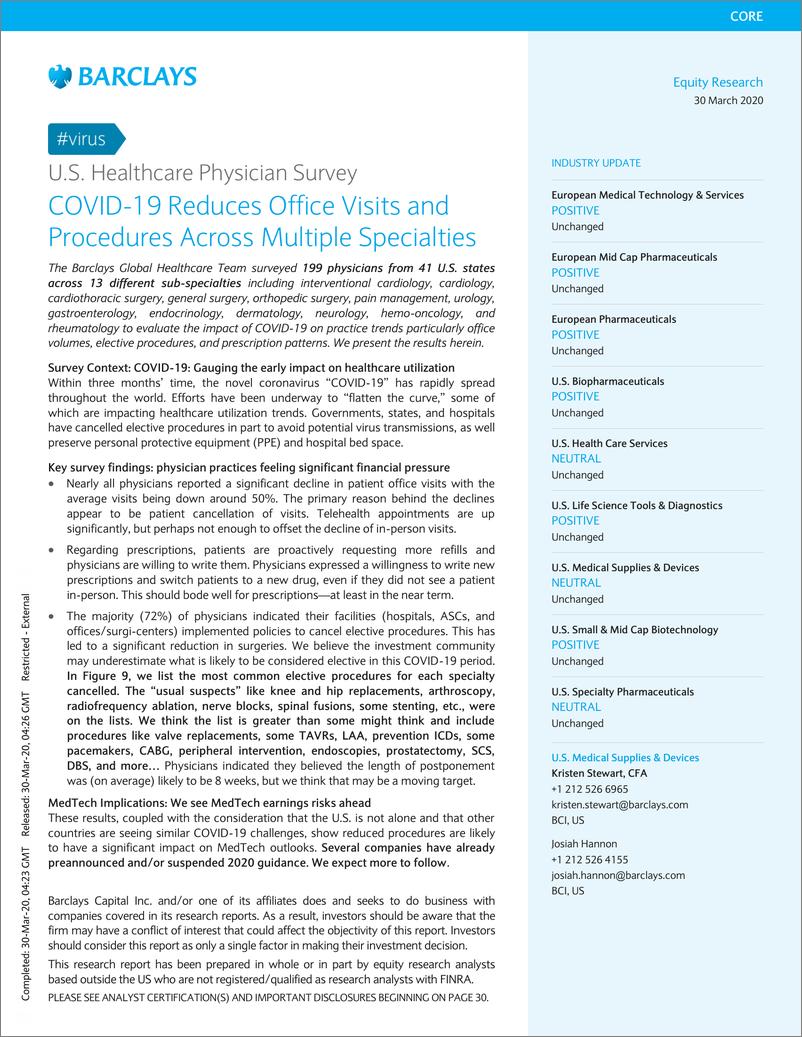 《巴克莱-美股-医疗保健行业-美国医师调查：COVID-19造成跨科室之间的流动降低-2020.3.30-38页》 - 第1页预览图