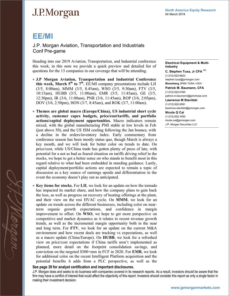 《J.P. 摩根-美股-电力设备行业-摩根大通航空、运输和工业板块开盘前下跌-2019.3.4-42页》 - 第1页预览图