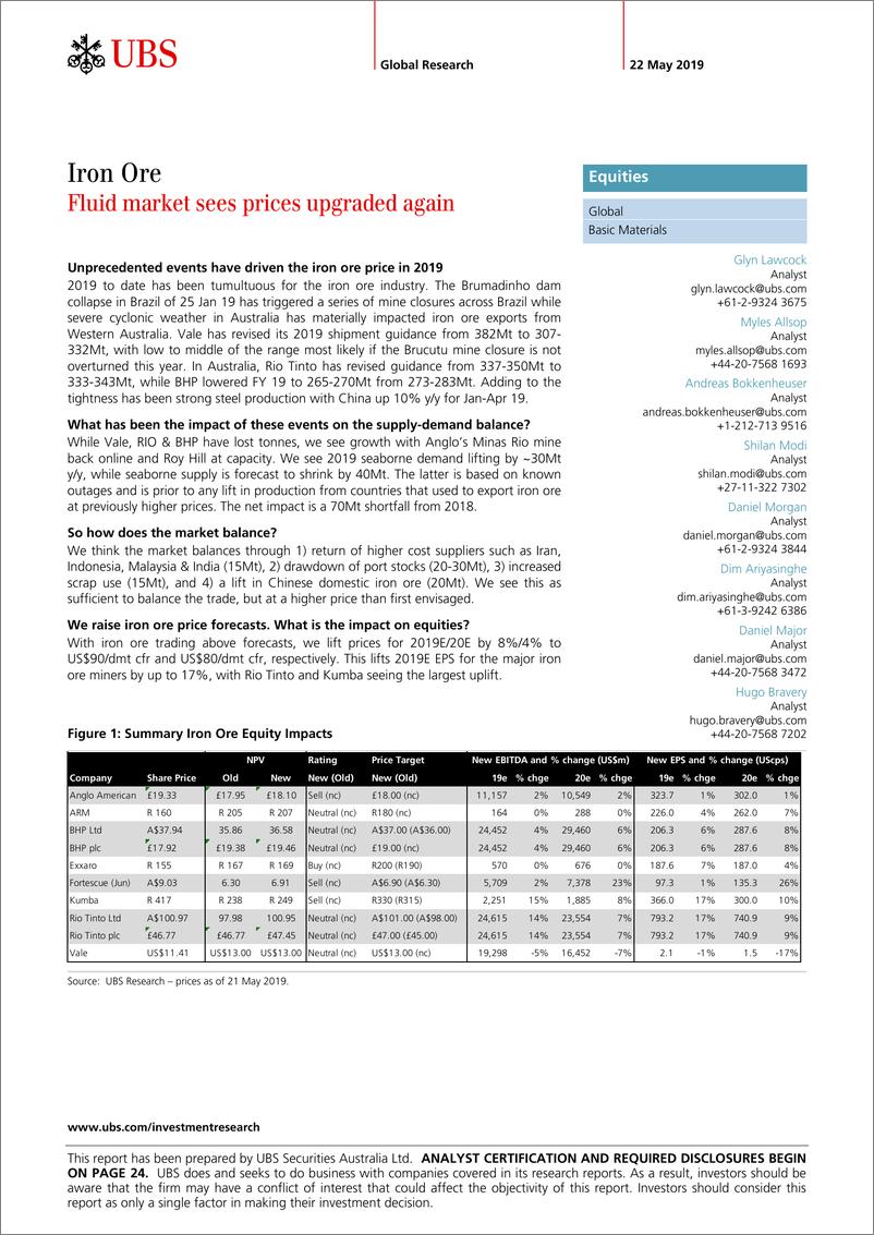 《瑞银-全球-基础材料行业-铁矿石：流动性市场见证价格再次上涨-2019.5.22-30页》 - 第1页预览图