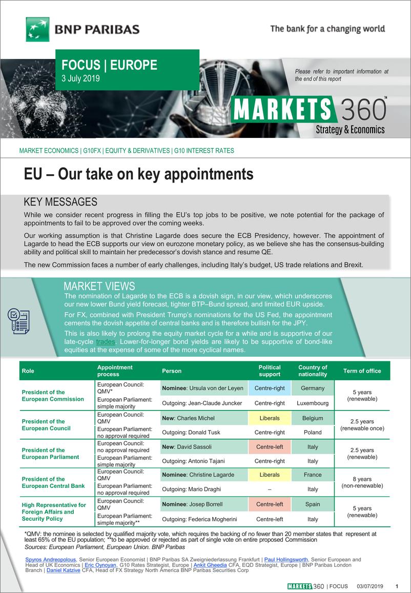 《巴黎银行-欧洲-宏观策略-欧盟：我们的主要任命-20190703-9页》 - 第1页预览图