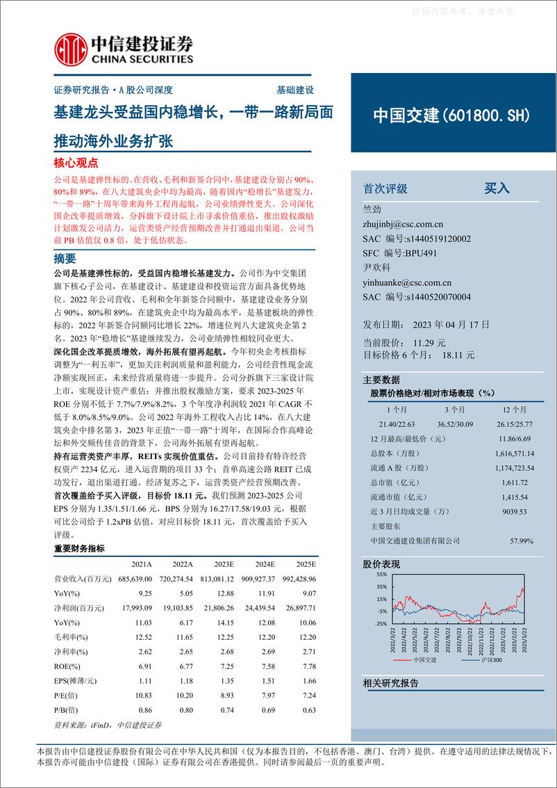 《中信建投-中国交建(601800)基建龙头受益国内稳增长，一带一路新局面推动海外业务扩张-230417》 - 第1页预览图