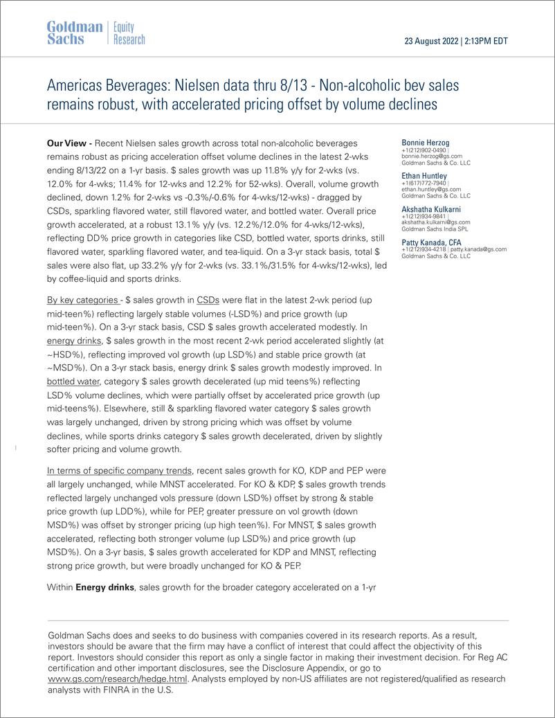 《Americas Beverage Nielsen data thru 13 - Non-alcoholic bev sales remains robust, with accelerated pricing offset by volum...(1)》 - 第1页预览图