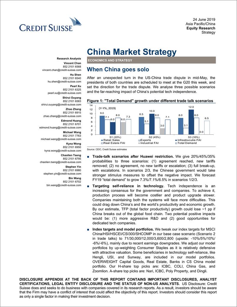 《瑞信-中国-股票策略-中国市场策略：当中国单打独斗-2019.6.24-34页》 - 第1页预览图