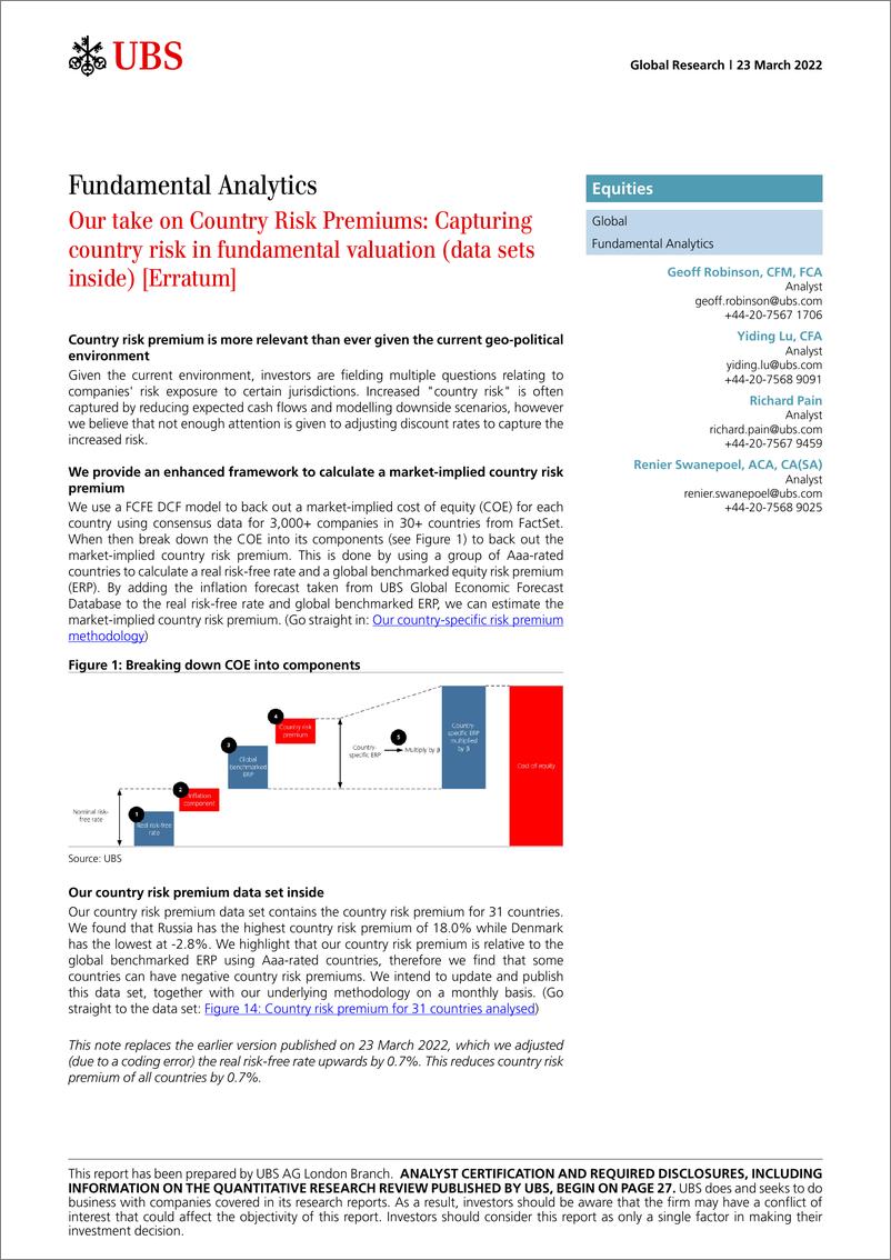 《瑞银-全球量化策略-我们对国家风险溢价的看法：在基本面估值中捕捉国家风险(内部数据集)-2022.3.23-31页》 - 第1页预览图