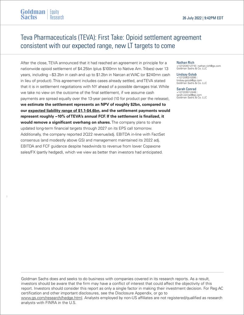 《Teva Pharmaceuticals (TEVA First Tak Opioid settlement agreement consistent with our expected range, new LT targets to come(1)》 - 第1页预览图