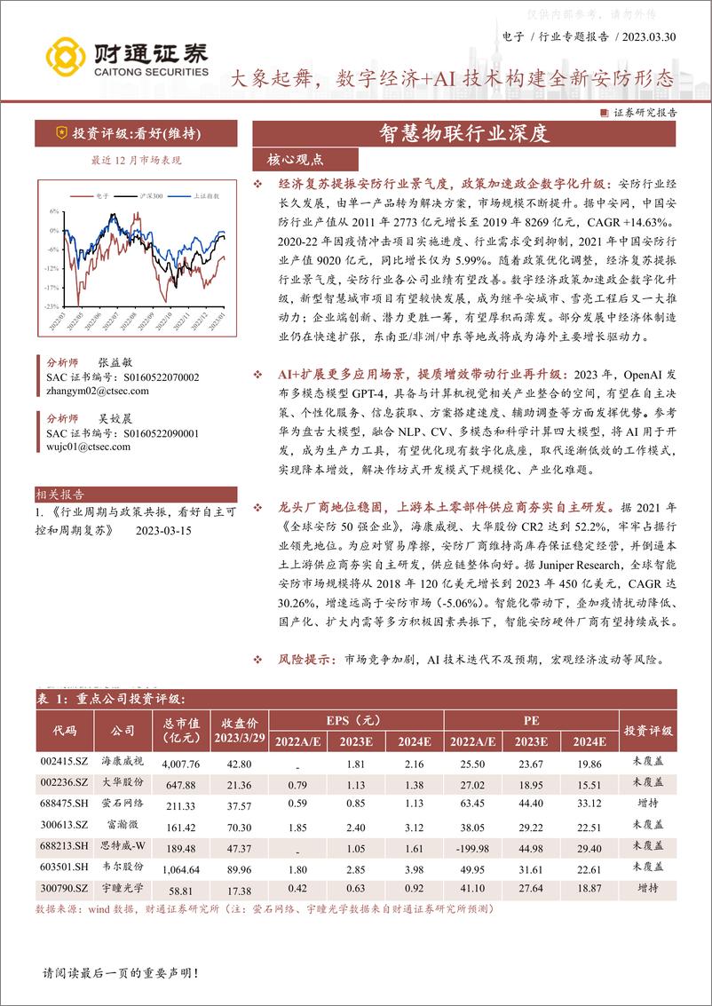 《财通证券-智慧物联行业深度：大象起舞，数字经济+AI+技术构建全新安防形态-230330》 - 第1页预览图