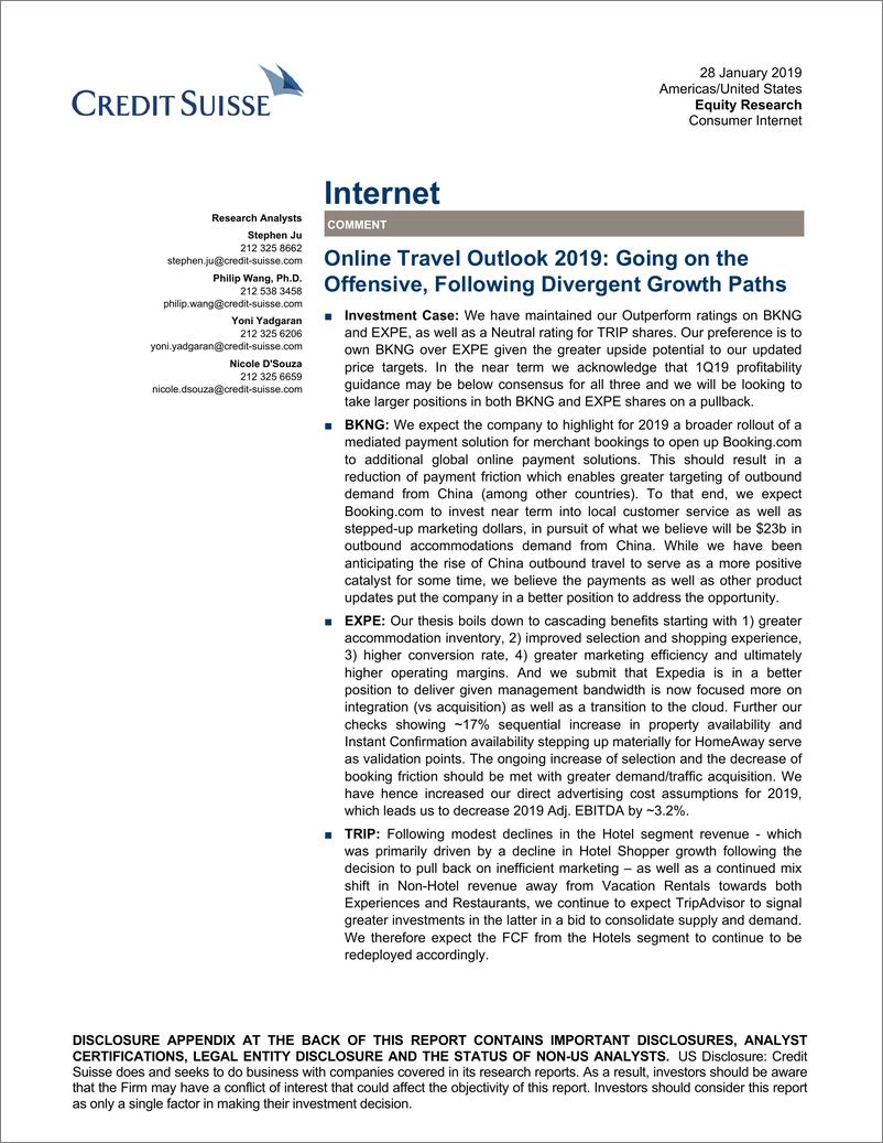 《瑞信-美股-互联网服务业-2019年在线旅游展望：采取攻势，遵循不同的增长路径-2019.1.28-49页》 - 第1页预览图