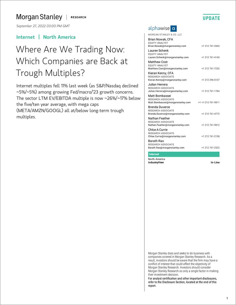 《2022-09-27-Morgan Stanley-Internet Where Are We Trading Now Which Companies are Back...-98474310》 - 第1页预览图
