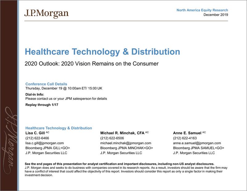 《J.P. 摩根-美股-医疗科技行业-2020年美国医疗科技展望：前景取决于消费者-2019.12-142页》 - 第1页预览图