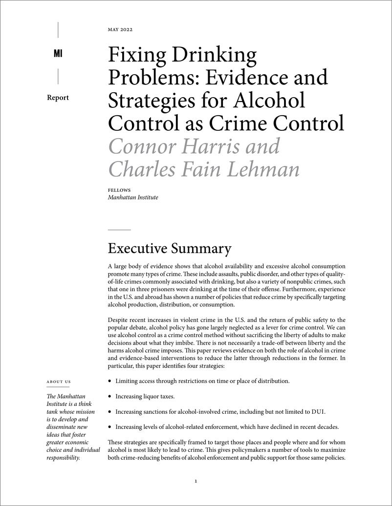 《曼哈顿政策研究所-解决饮酒问题：酒精控制作为犯罪控制的证据和策略（英）-2022.5-26页》 - 第1页预览图
