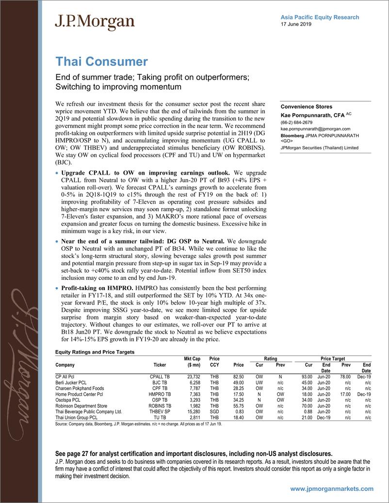 《J.P. 摩根-亚太地区-股票策略-泰国消费者：夏季贸易的结束-2019.6.17-30页》 - 第1页预览图