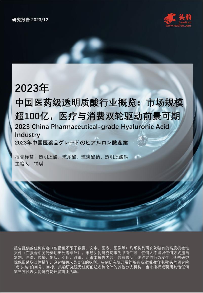 《2023年中国医药级透明质酸行业概览：市场规模超100亿，医疗与消费双轮驱动前景可期-240402-头豹研究院-19页》 - 第1页预览图