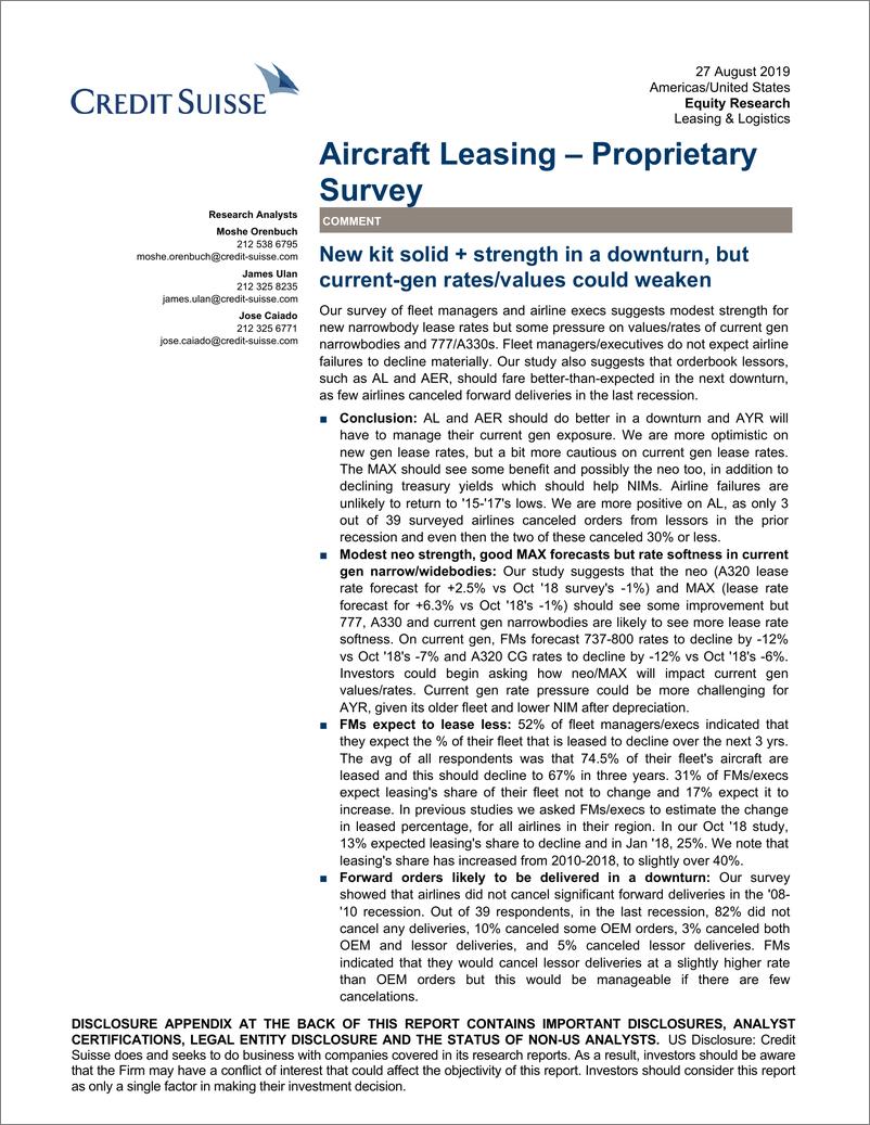 《瑞信-美股-租赁与物流行业-飞机租赁专项调查：新装备在经济低迷时期表现强劲-2019.8.27-33页》 - 第1页预览图