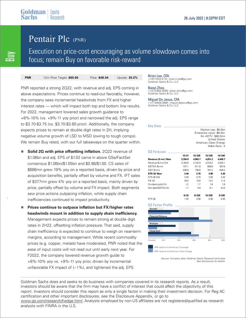 《Pentair Plc (PNR Execution on price-cost encouraging as volume slowdown comes into focus; remain Buy on favorable risk-reward(1)》 - 第1页预览图