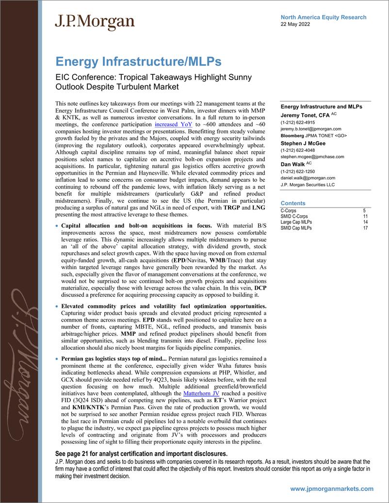 《J.P.摩根-美股能源行业-能源基础设施MLPs-EIC会议：尽管市场动荡，但热带地区的重要发现凸显了阳光前景-2022.5.22-25页》 - 第1页预览图