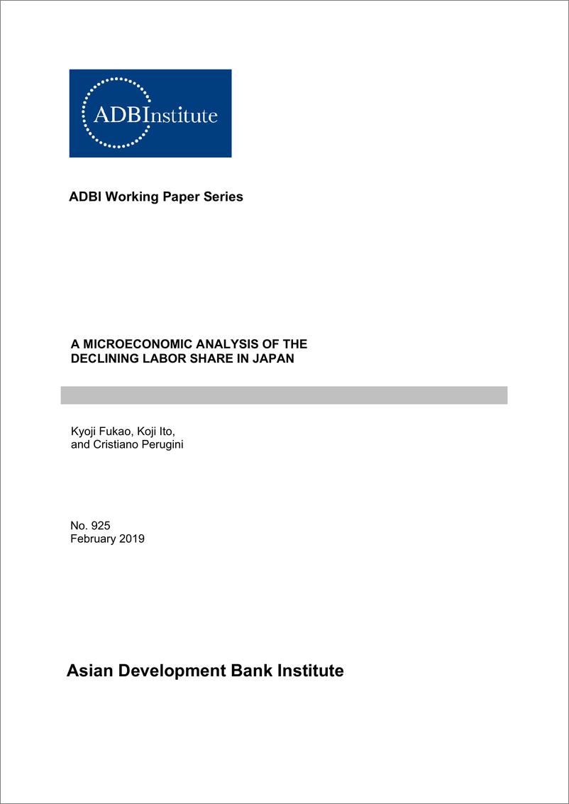 《亚开行-日本劳动力份额下降的微观经济学分析（英文）-2019.2-23页》 - 第1页预览图