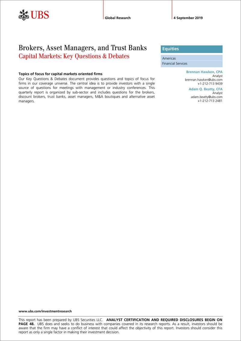 《瑞银-美股-金融服务业-经纪人、资产经理和信托银行：资本市场的关键问题与争论-2019.9.4-53页》 - 第1页预览图