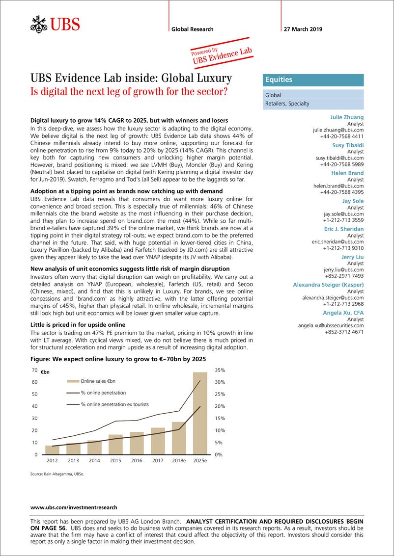 《瑞银-全球-零售行业-全球奢侈品：数码产品是该行业的下一个增长点吗？-2019.3.27-61页》 - 第1页预览图