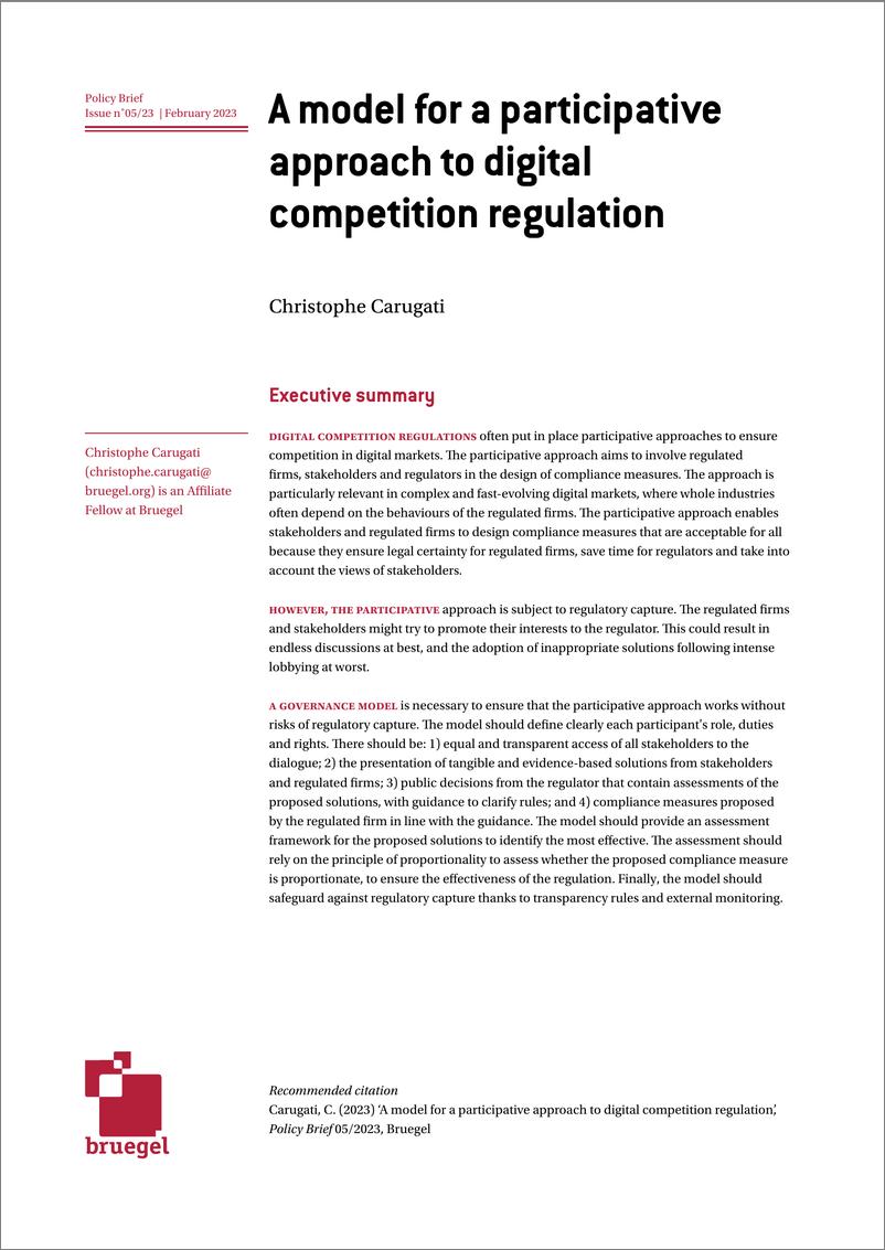 《布鲁盖尔研究所-数字竞争监管的参与式方法模型（英）-2023.2-10页》 - 第1页预览图