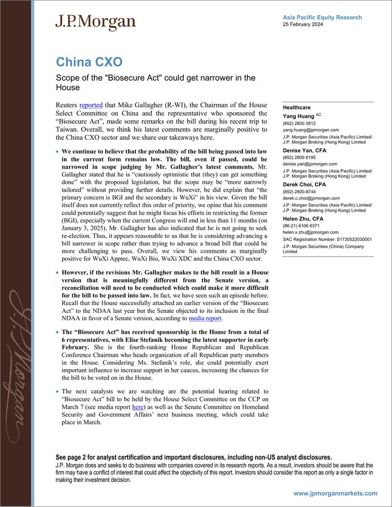 《JPMorgan-China CXO  Scope of theBiosecure Ac could get narrower i...-106691125》 - 第1页预览图