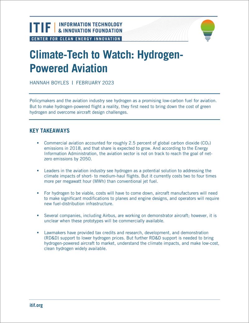 《ITIF-气候技术观察：氢动力航空（英）-2023.2-9页》 - 第1页预览图
