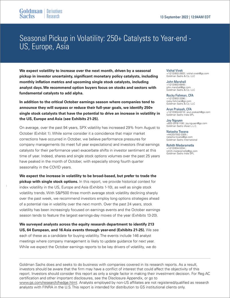 《Seasonal Pickup in Volatilit 250+ Catalysts to Year-end - US, Europe, Asia(1)》 - 第1页预览图