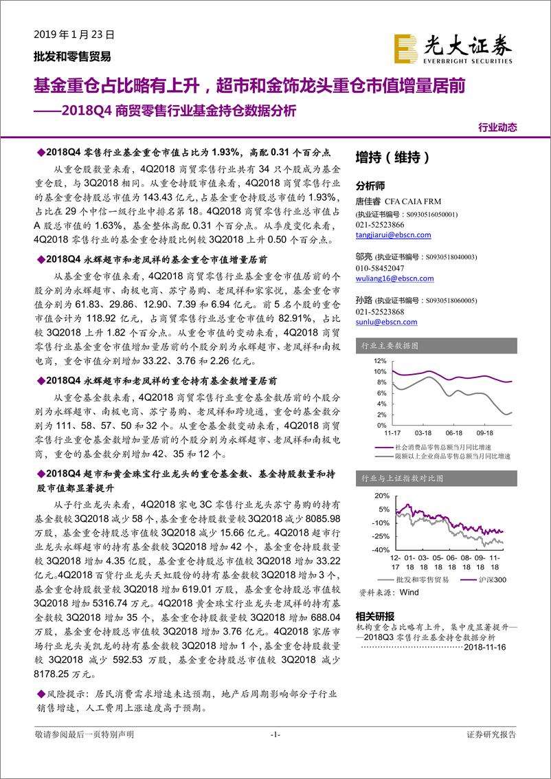 《2018Q4商贸零售行业基金持仓数据分析：基金重仓占比略有上升，超市和金饰龙头重仓市值增量居前-20190123-光大证券-13页》 - 第1页预览图