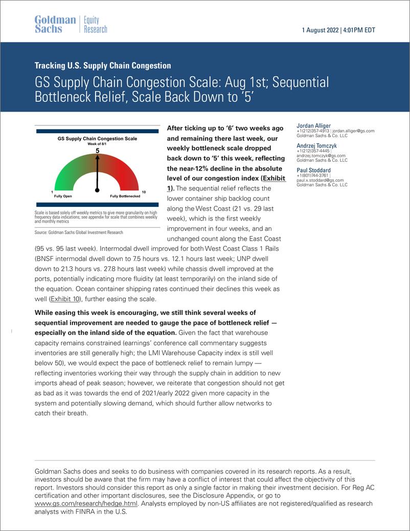 《Tracking U.S. Supply Chain Congestio GS Supply Chain Congestion Scal Aug 1st; Sequential Bottleneck Relief, Scale Back Do...(1)》 - 第1页预览图