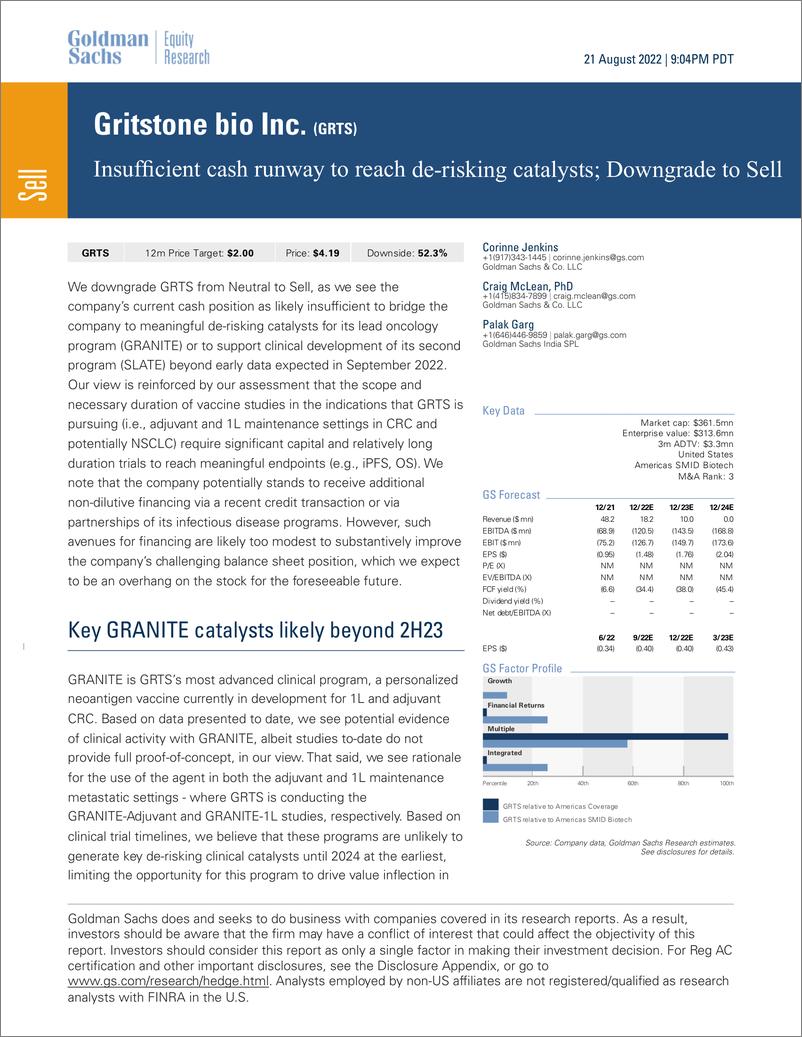 《Gritstone bio Inc. (GRTS Insufficient cash runway to reach de-risking catalysts; Downgrade to Sell(1)》 - 第1页预览图
