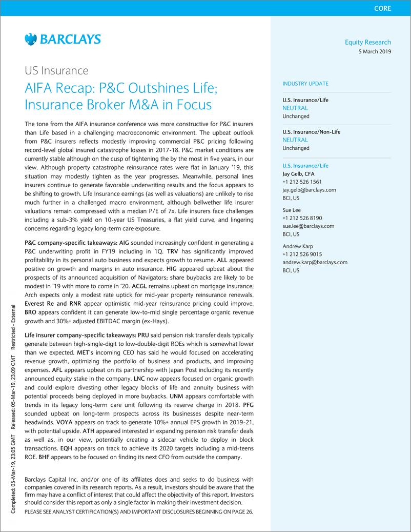 《巴克莱-美股-保险行业-美国保险业AIFA会议总结：财险好于寿险，保险经纪并购成为焦点-2019.3.5-32页》 - 第1页预览图