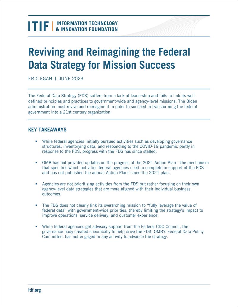 《ITIF-恢复和重新构想联邦数据战略以确保任务成功（英）-2023.6-19页》 - 第1页预览图