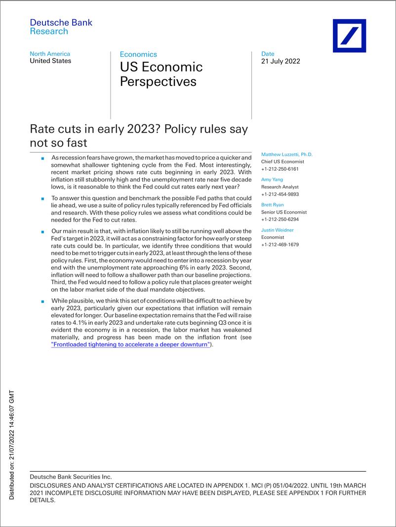 《DB-US Economic Perspectives Rate cuts in early 2023》 - 第1页预览图
