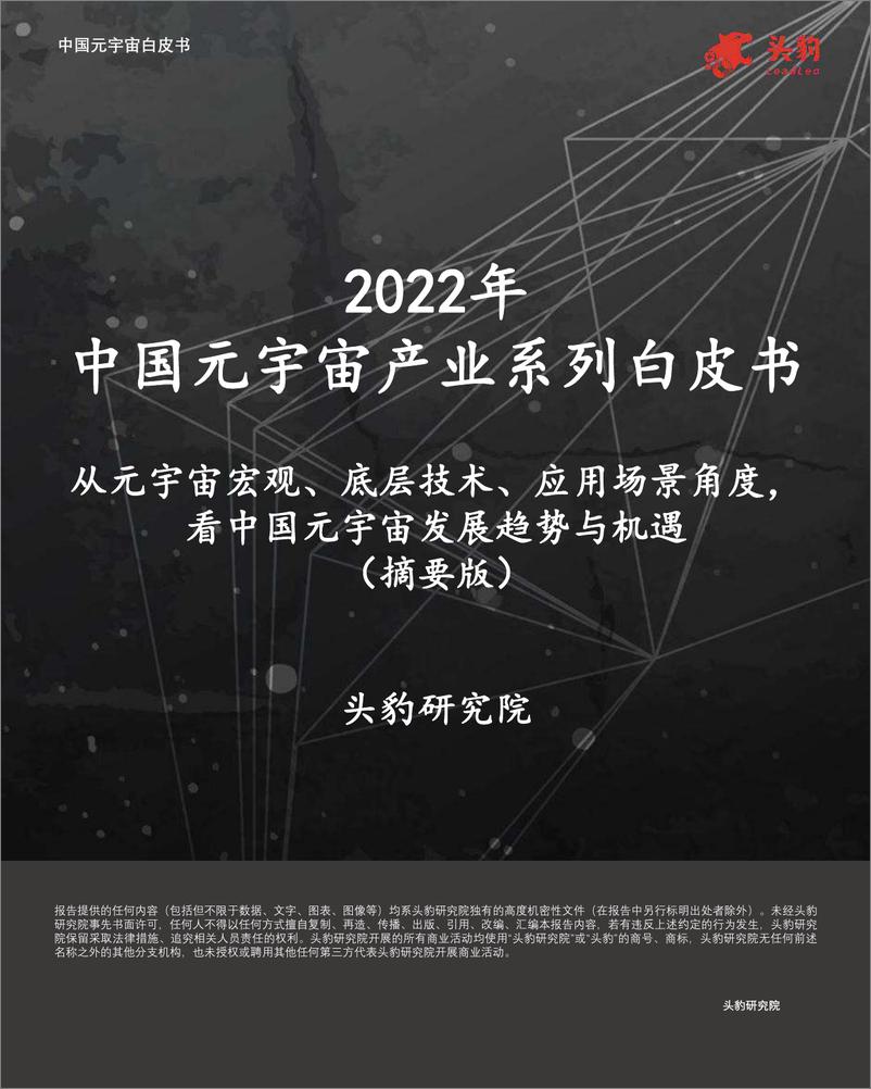 《2022年中国元宇宙产业系列白皮书：从元宇宙宏观、底层技术、应用场景角度，看中国元宇宙发展趋势与机遇（摘要版）-2022.08-63页》 - 第1页预览图