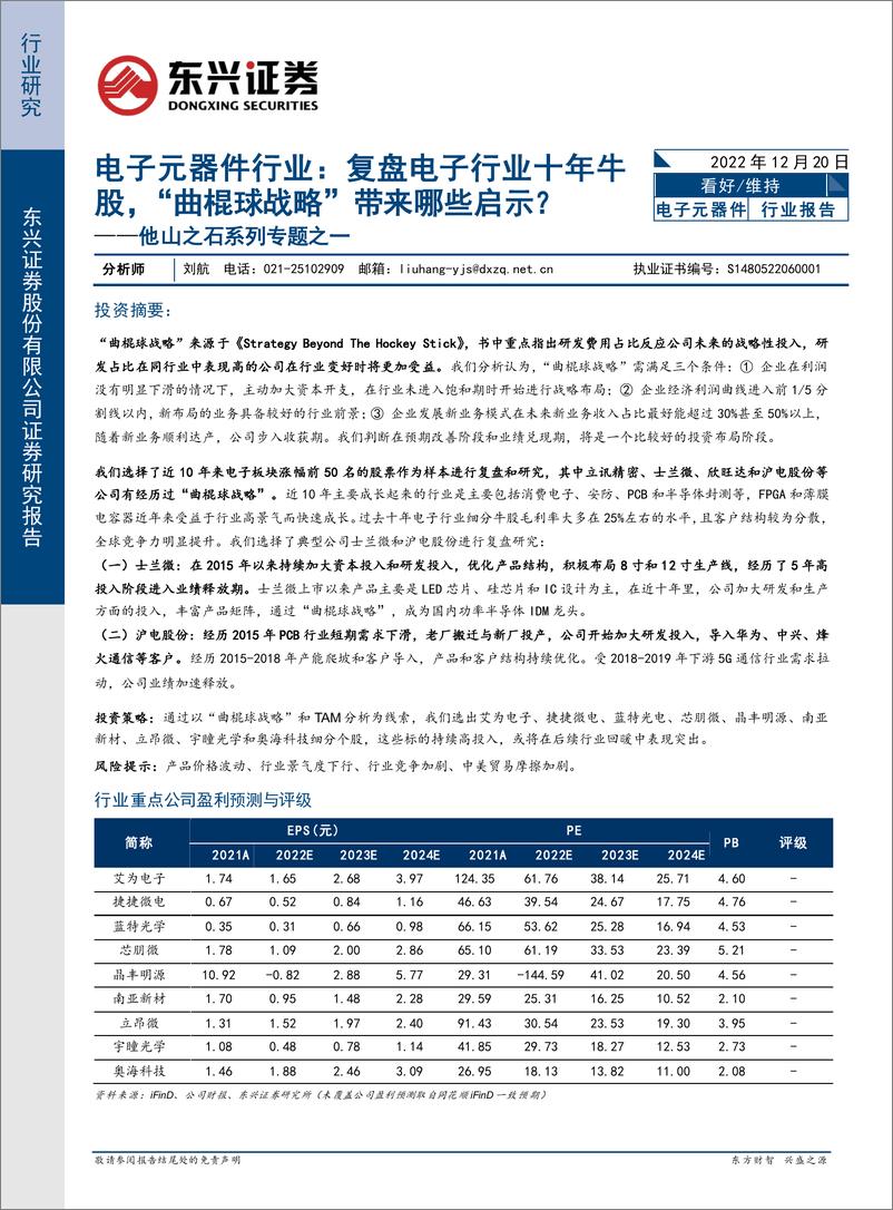 《电子元器件行业他山之石系列专题之一：复盘电子行业十年牛股，“曲棍球战略”带来哪些启示？-20221220-东兴证券-16页》 - 第1页预览图