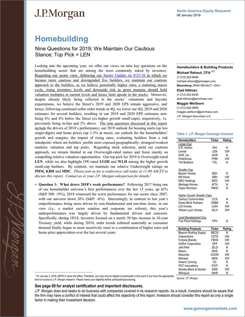 《J.P. 摩根-美股-房地产行业-美国住宅建筑：2019年的9大问题-2019.1.8-72页》 - 第1页预览图