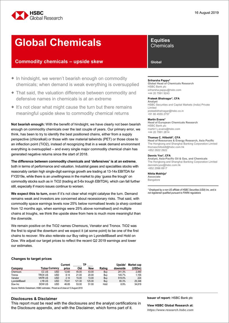 《汇丰银行-全球-化工行业-全球化工业：化工商品步入上升通道-2019.8.16-22页》 - 第1页预览图