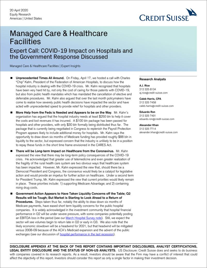 《瑞信-美股-美国管理式医疗与医疗设施：COVID-19对医院的影响和政府的反应-2020.4.20-22页》 - 第1页预览图