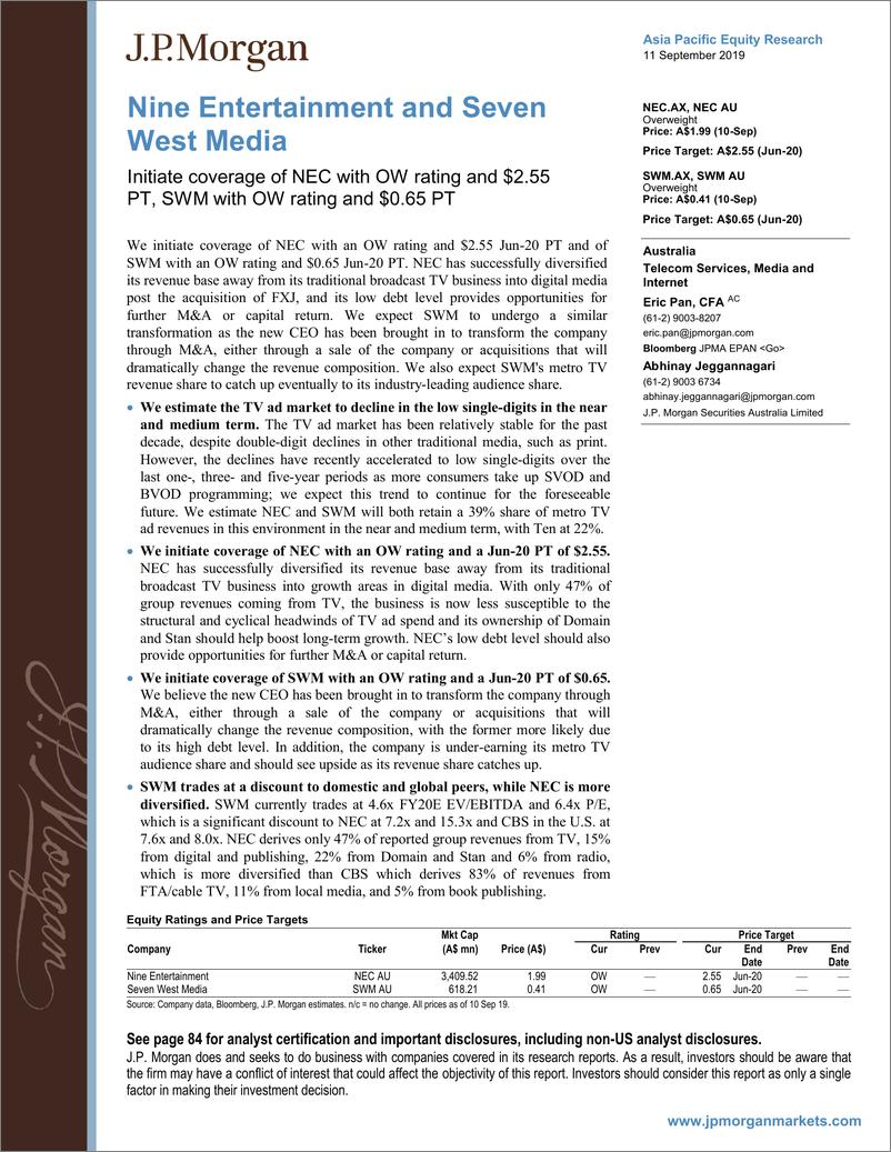 《J.P. 摩根-亚太地区-互联网与媒体行业-九号台娱乐（NEC）与七西传媒公司投资策略-2019.9.11-87页》 - 第1页预览图