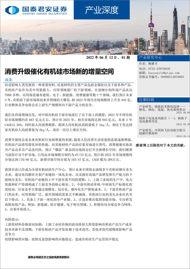 《产业深度：消费升级催化有机硅市场新的增量空间-20220616-国泰君安-19页》 - 第1页预览图