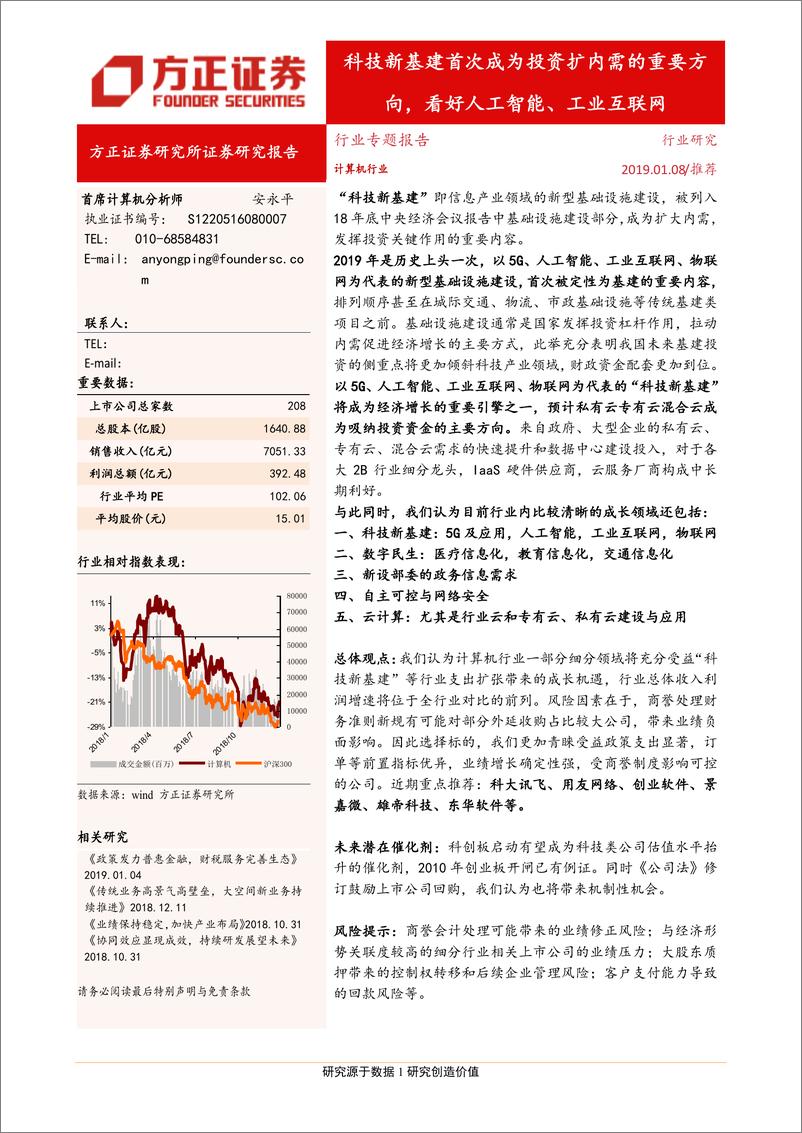 《计算机行业专题报告：科技新基建首次成为投资扩内需的重要方向，看好人工智能、工业互联网-20190108-方正证券-20页》 - 第1页预览图