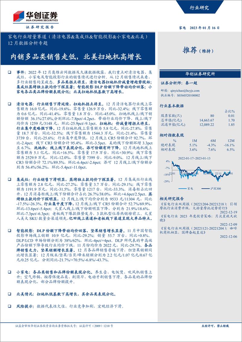 《家电行业增量赛道（清洁电器&集成灶&智能投影&小家电&北美）12月数据分析专题：内销多品类销售走低，北美扫地机高增长-20230116-华创证券-31页》 - 第1页预览图