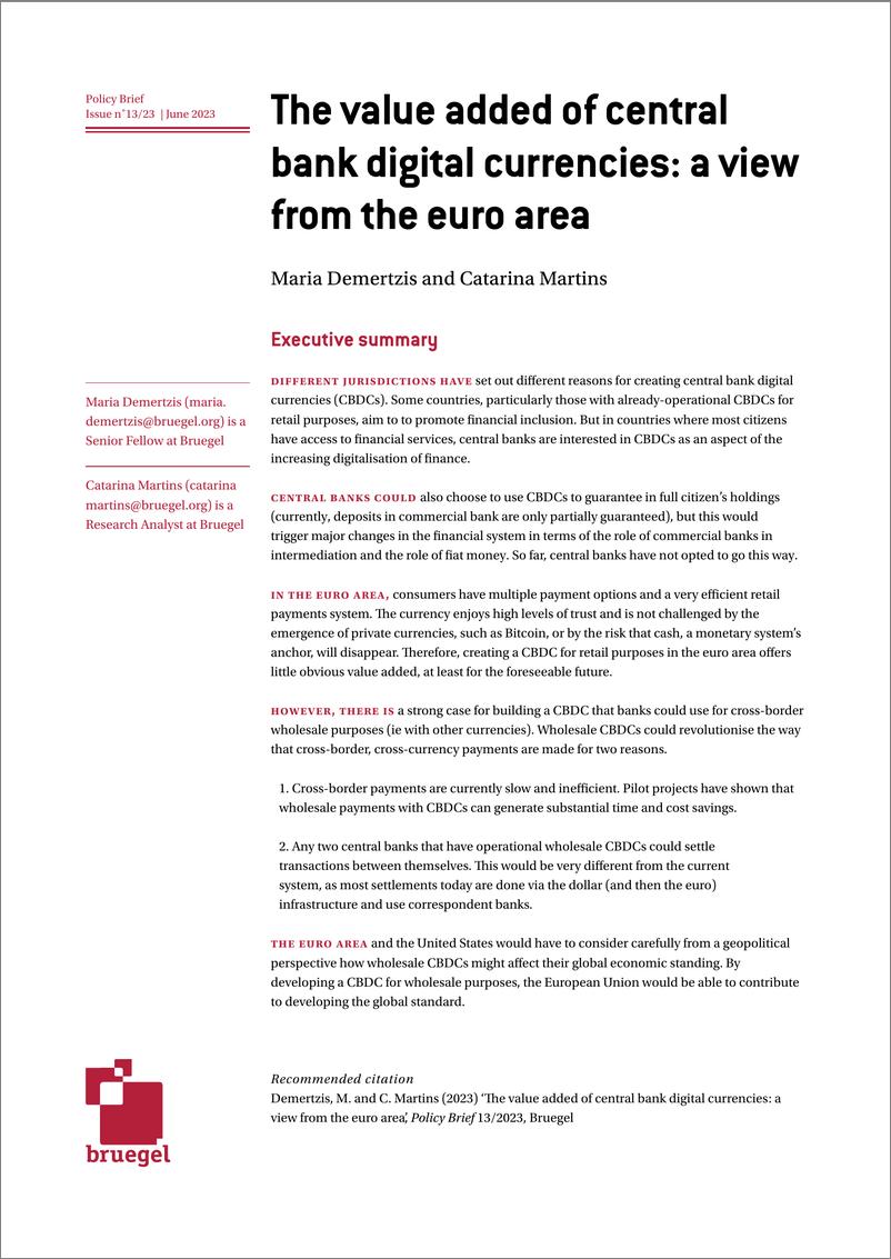 《布鲁盖尔研究所-央行数字货币的增值：来自欧元区的观点（英）-2023.6-19页》 - 第1页预览图