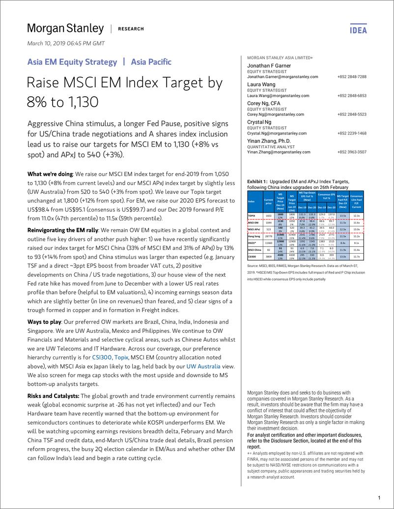 《摩根士丹利-亚太地区-股票策略-上调MSCI新兴市场指数目标值8%到1130-2019.3.10-29页》 - 第1页预览图