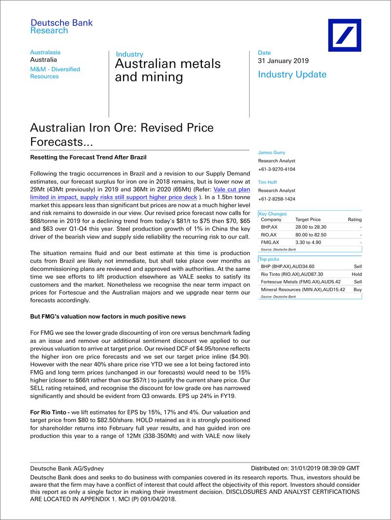 《德银-亚太地区-金属与采矿业-澳大利亚铁矿石价格修订-2019.1.31-31页》 - 第1页预览图